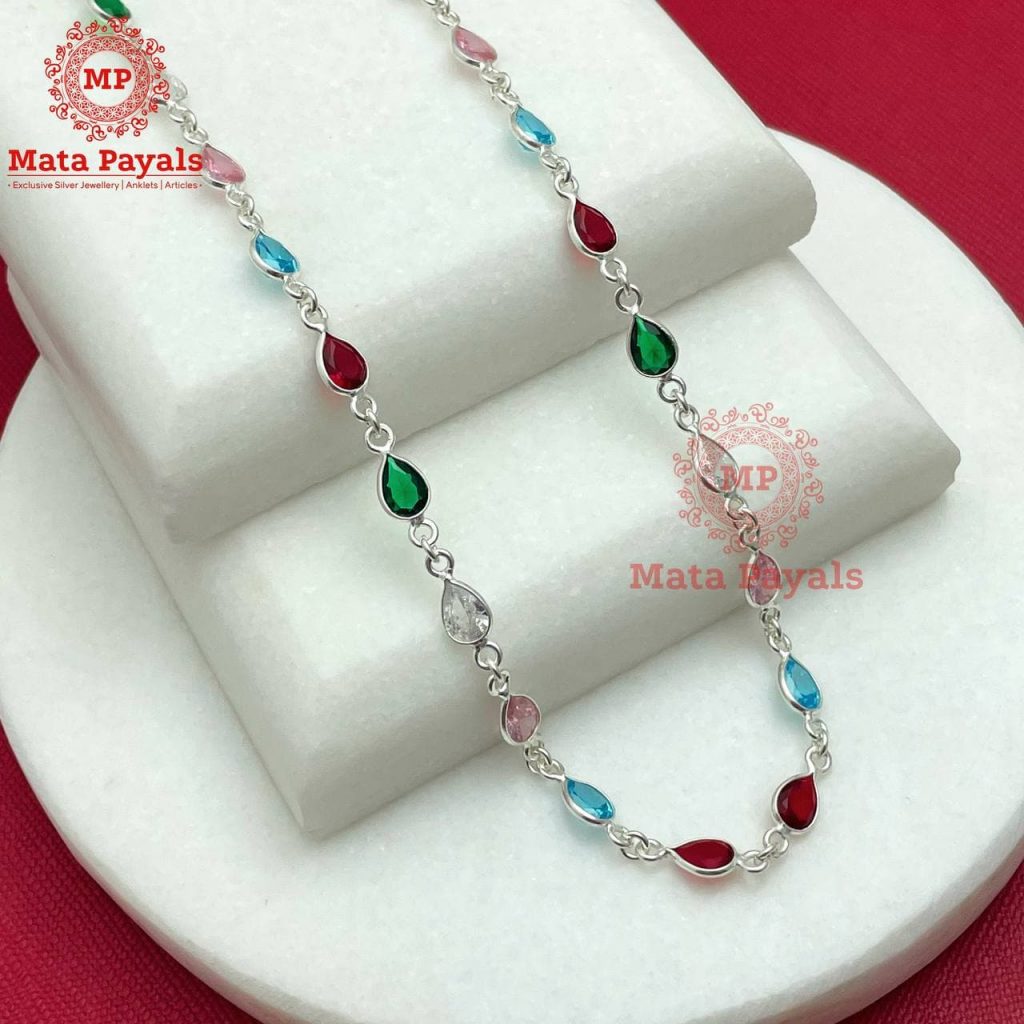 Colourful Leaf Silver Neck Chain - Mata Payals Exclusive Silver Jewellery