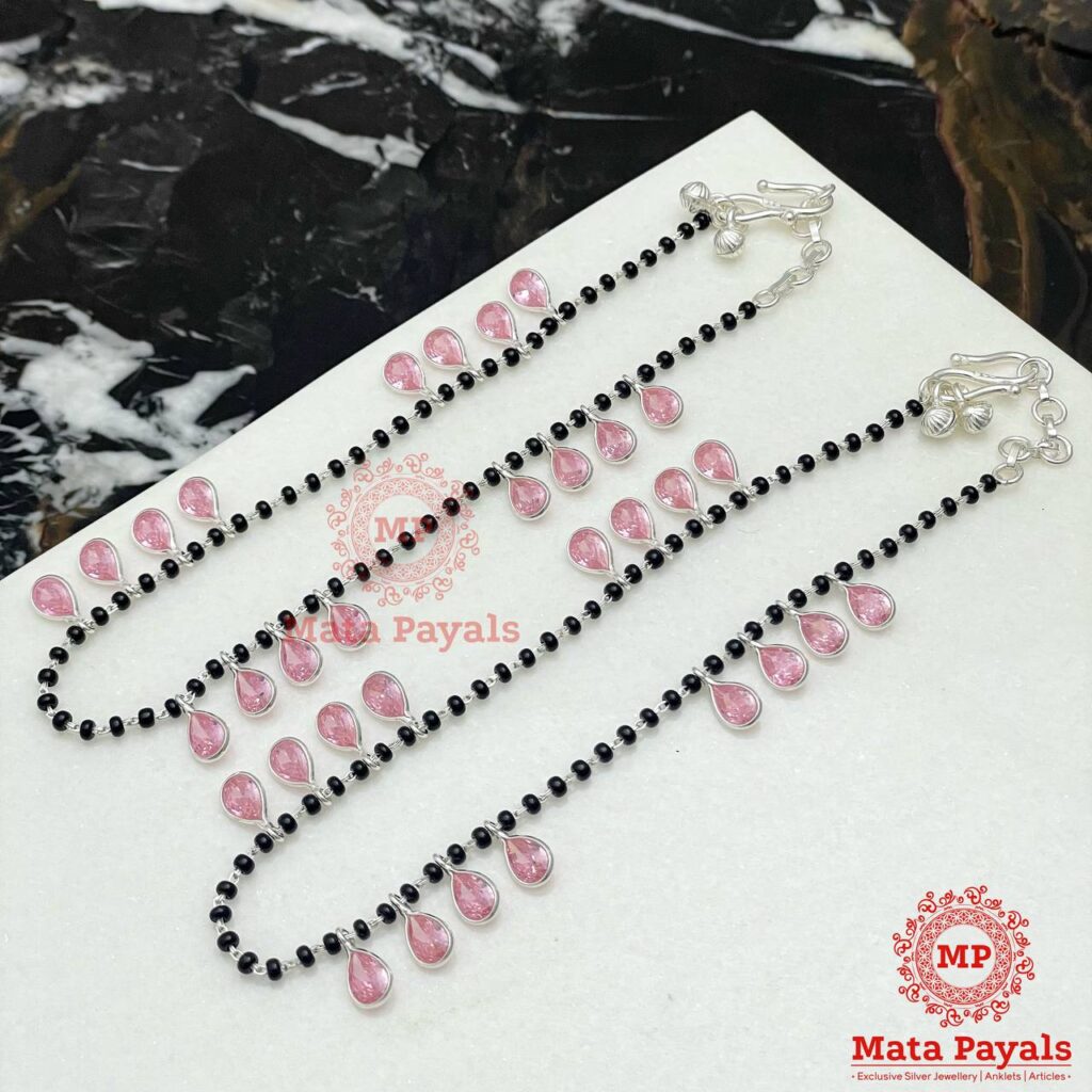 Pink Silver Black Beaded Anklet